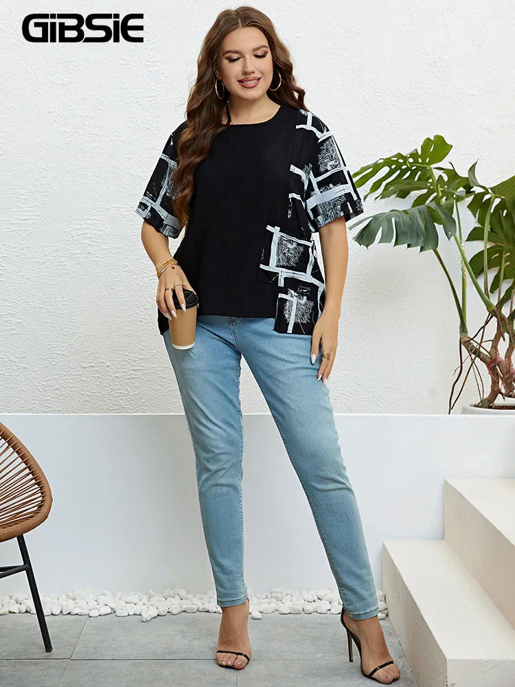 GIBSIE Plus Size Patch Pocket Loose Print T Shirt Women Summer New Fashion Korean O-Neck Short Sleeve Female Casual Tops 2023