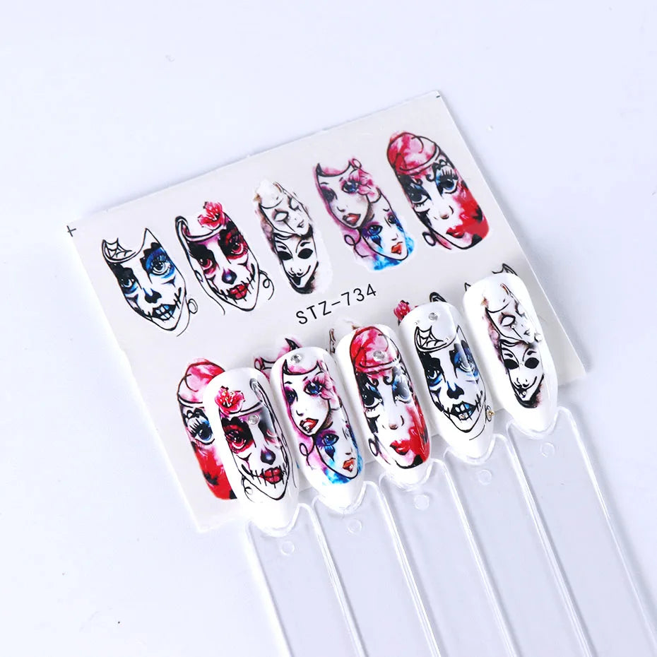 4pcs Clown Skull Bone Nail Stickers Cute Anime Sliders Halloween Water Decals Nail Art Decorations Manicure Wraps LASTZ735-738