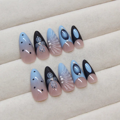 24pcs Blue Long Stiletto Fake Nails Pearl Press on Nails Bright Hot Girl Fake Nails with 3D Seashell Flower Full Over Nail Tips