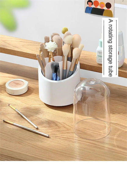 Desktop Makeup Brush Storage Bucket Cup Holder With Lid Rotating Makeup Lipstick Cosmetic Storage Box Organizer Tube Transparent