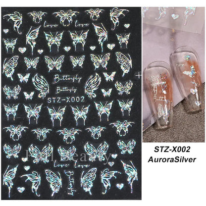 Laser Butterfly Stickers For Nails Holographic Snake Dragon Heart Star Moon Adhesive Sliders 3D Nail Art Decal Decoration LASTZX