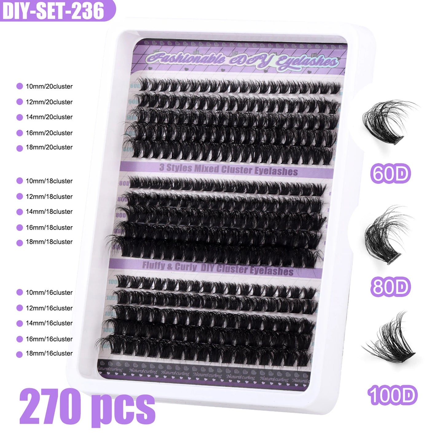 270pcs Fluffy volume False Eyelashes bond and seal lash remover kit Individual cluster 60D 80D 100D natural Eyelash extensions