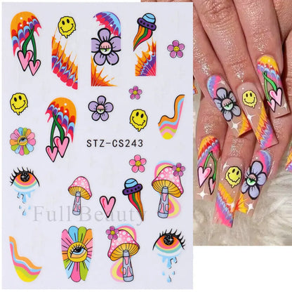 3D Nail Stickers Eyes Mushroom Flower Sliders for Nails Designs Rainbow Abstract Nail Art Adhesive Decals  Decoration STZCS240