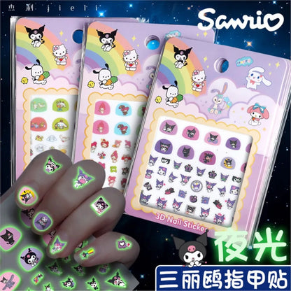 5pcs/set Luminous Kuromi 3D Nail Stickers Sanrio Melody Hello Kitty Nail Art Decoration Stickers Kids Fun Anime Manicure Decals