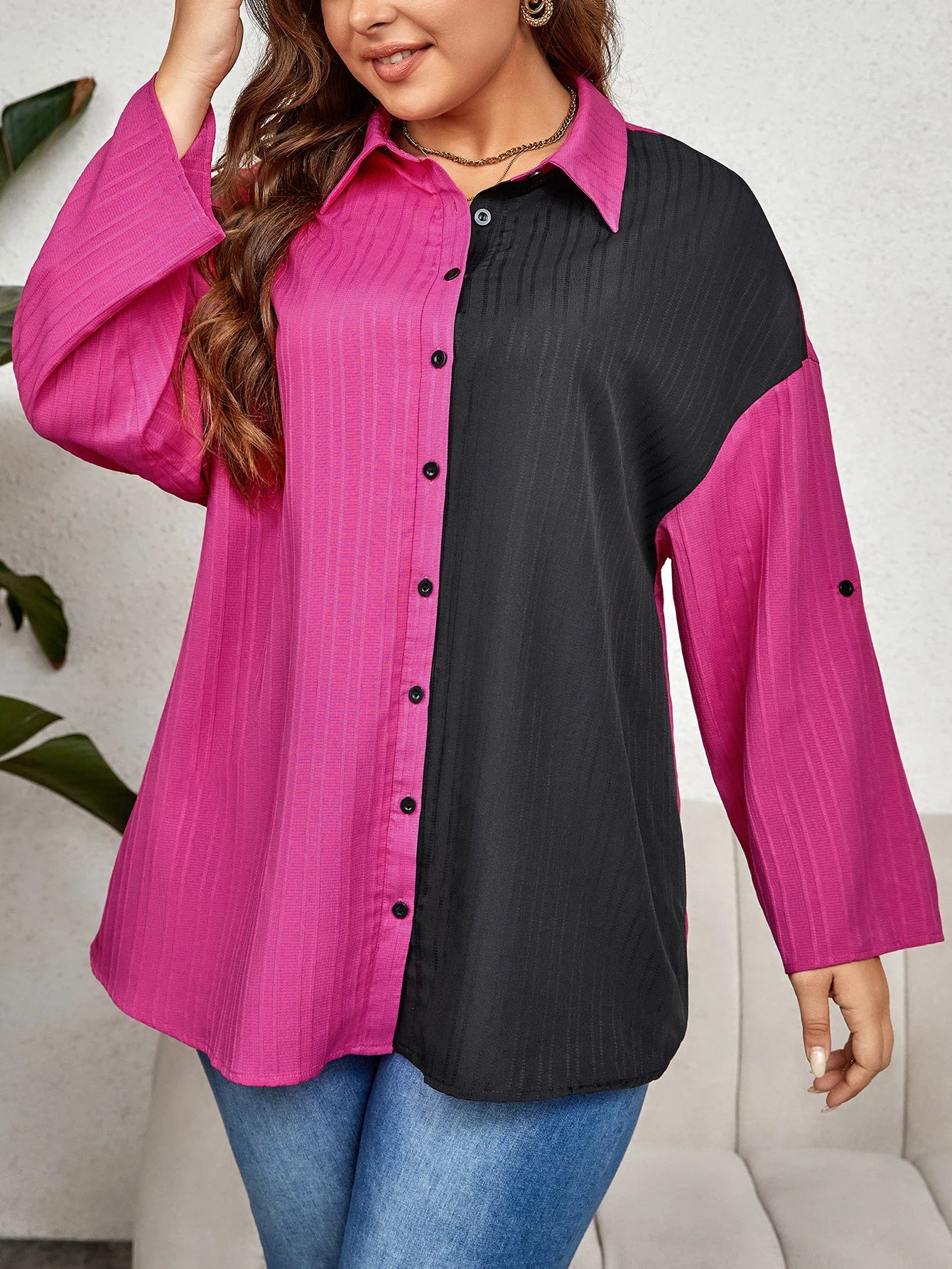 GIBSIE Plus Size Drop Shoulder Roll up Long Sleeve Shirt Women 2023 Spring Fall Colorblock Loose Casual Button Down Blouses Tops