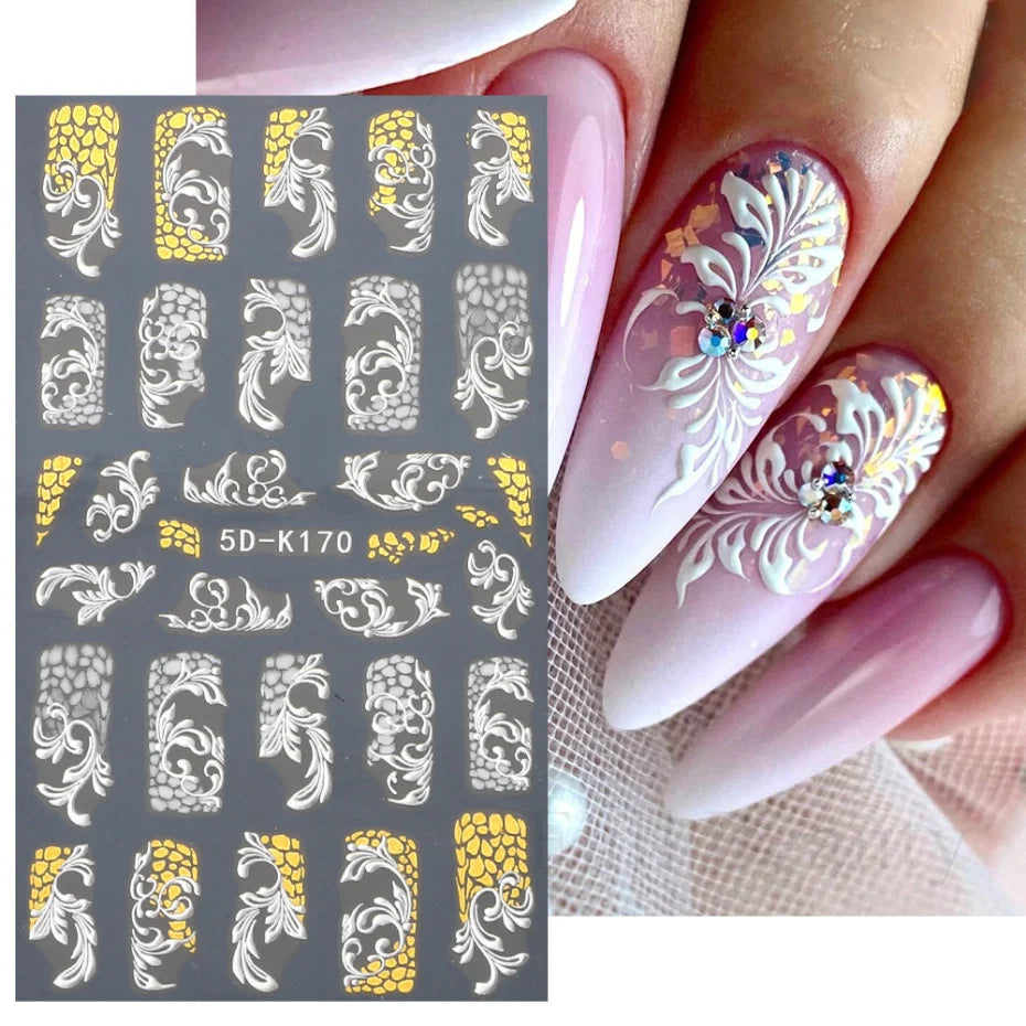 5D Pink Embossed Flowers Nail Sticker White Acrylic Lace Butterfly Adhesive Sliders Elegant Nail Art Decorations LASTZ-5D53