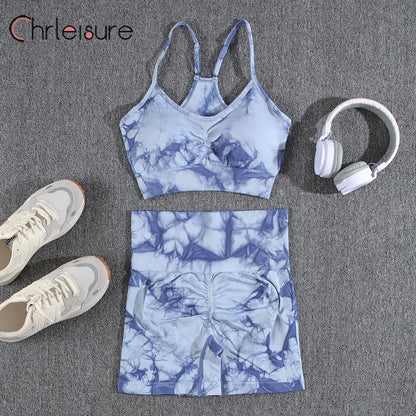 CHRLEISURE Yoga Shorts Set Tie Dye Women Seamless Summer Bra Set High Waist Fitness New Sportswear Printing Yoga Short Pants Set