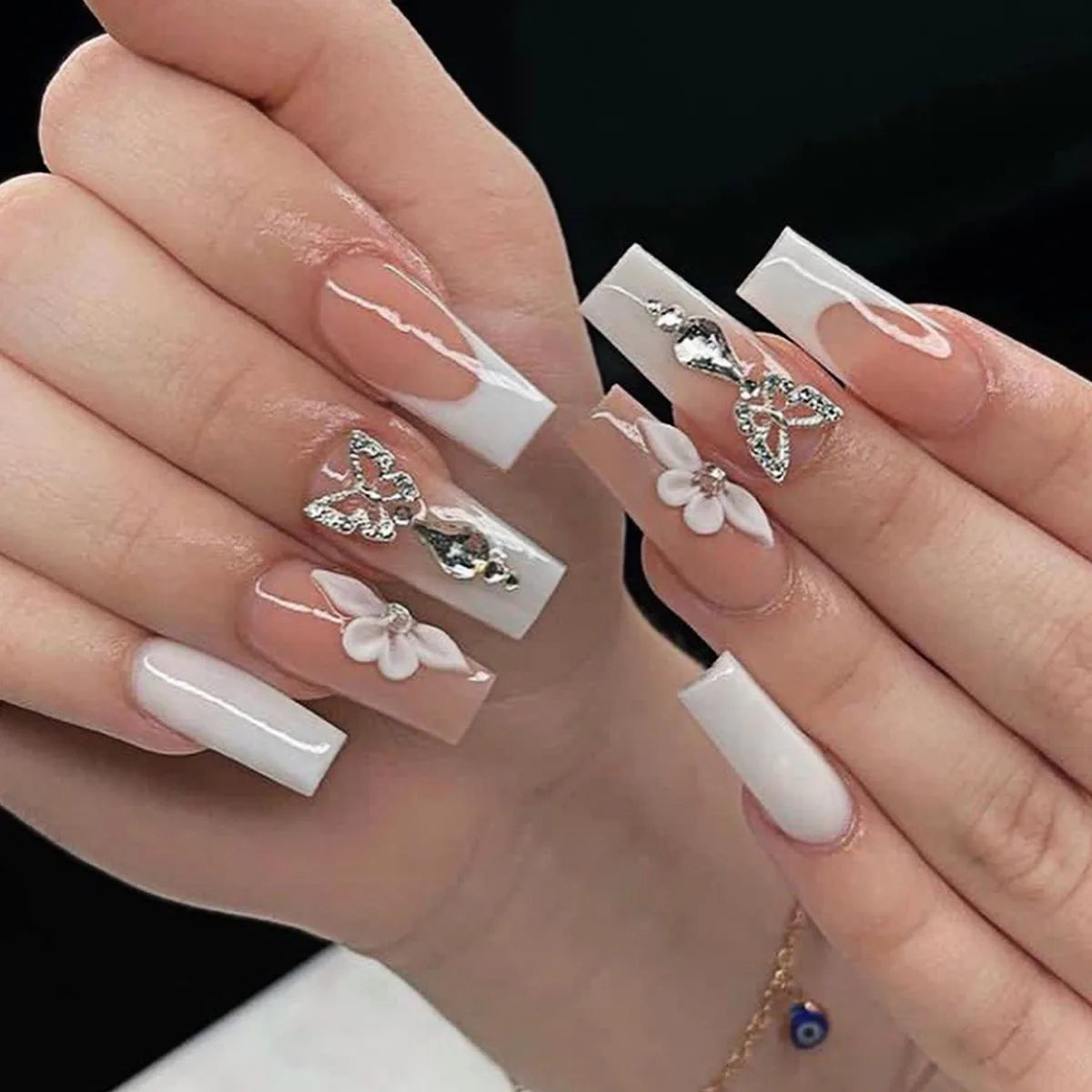 24pcs False Nails with glue butterfly design Long Coffin French Ballerina Fake Nails Full Cover acrylic Nail Tips Press On Nails