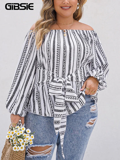 GIBSIE Plus Size Boho Off Shoulder Tops for Women 2024 Spring Casual Long Sleeve Tie Front Ethnic Print Holiday Blouses Shirts