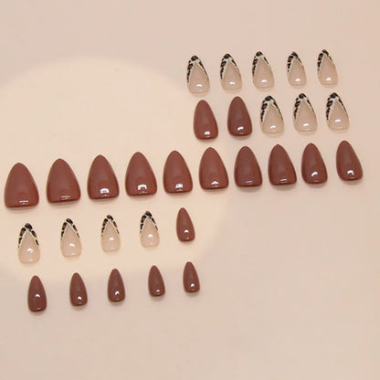 24Pcs Short Red Brown Press on Nails V-shaped Leopard Print Fake Nails Irregular French  Wearable Full Cover False Nails Tips