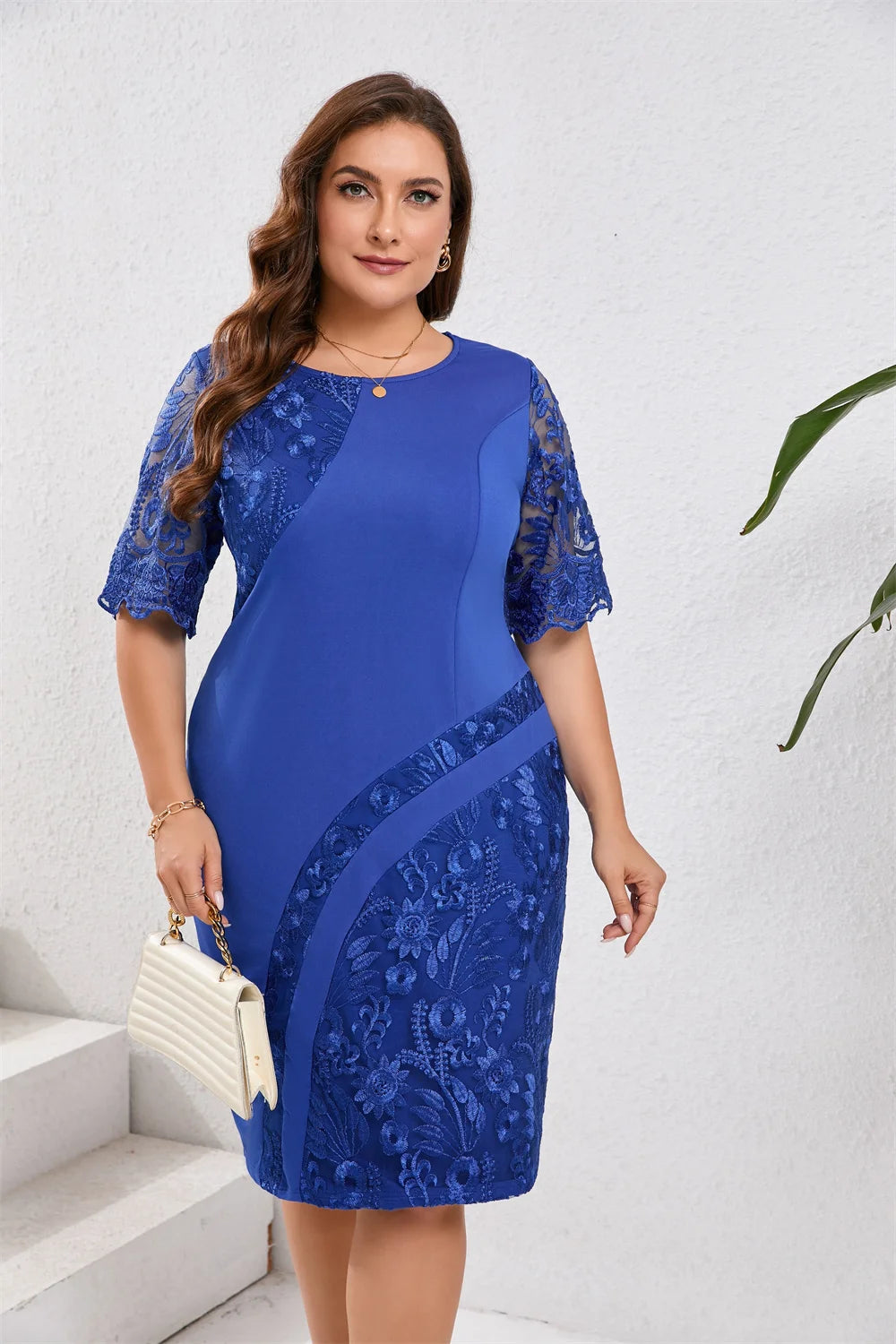 GIBSIE Plus Size Embroidered Lace Half Sleeve O-Neck Dress Women's Summer Autumn Cocktail Party Elegant Bodycon Midi Dresses