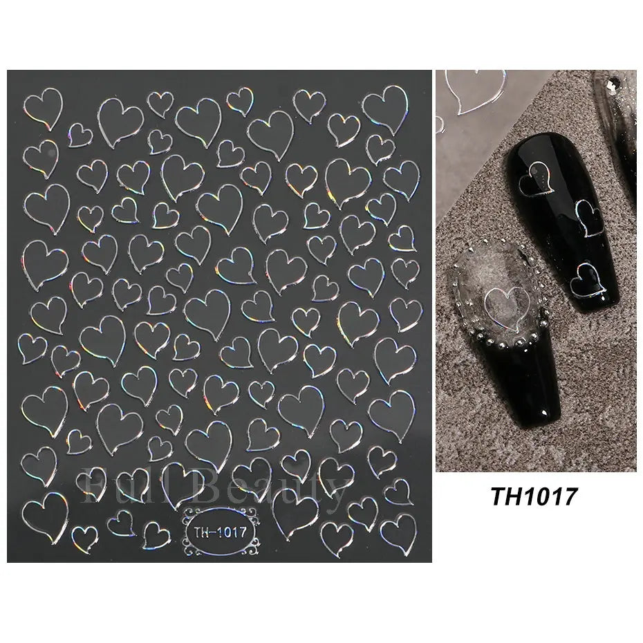 3D Holographic Silver Wave Lines Nail Sticker Decor Laser Heart Star Moon Adhesive Sliders Metal Geometry Stripe Manicure TH182