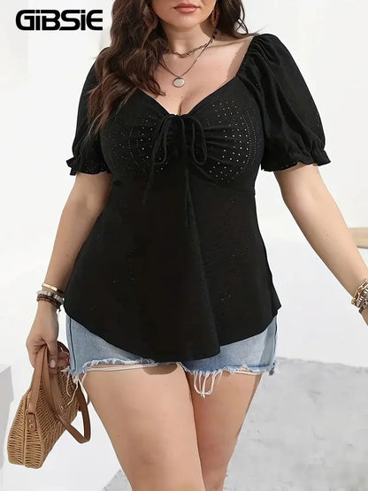 GIBSIE Plus Size Sweetheart Neck Knot Front Women Blouse Summer Puff Short Sleeve Sweet Casual Black Tops and Blouses 2024 New