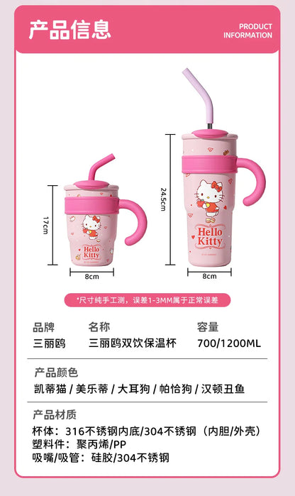 Sanrio Insulated Water Bottle Hello Kitty Cute Figure Large Capacity Straw Thermos700ml  Cup My Melody Cartoon kids Cup Gifts