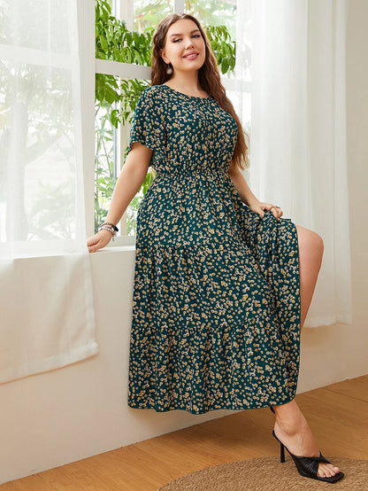 GIBSIE Plus Size Ditsy Floral O-Neck Ruffle Hem Dress Women Holiday Boho Summer Short Sleeve Elastic A-line Casual Long Dresses