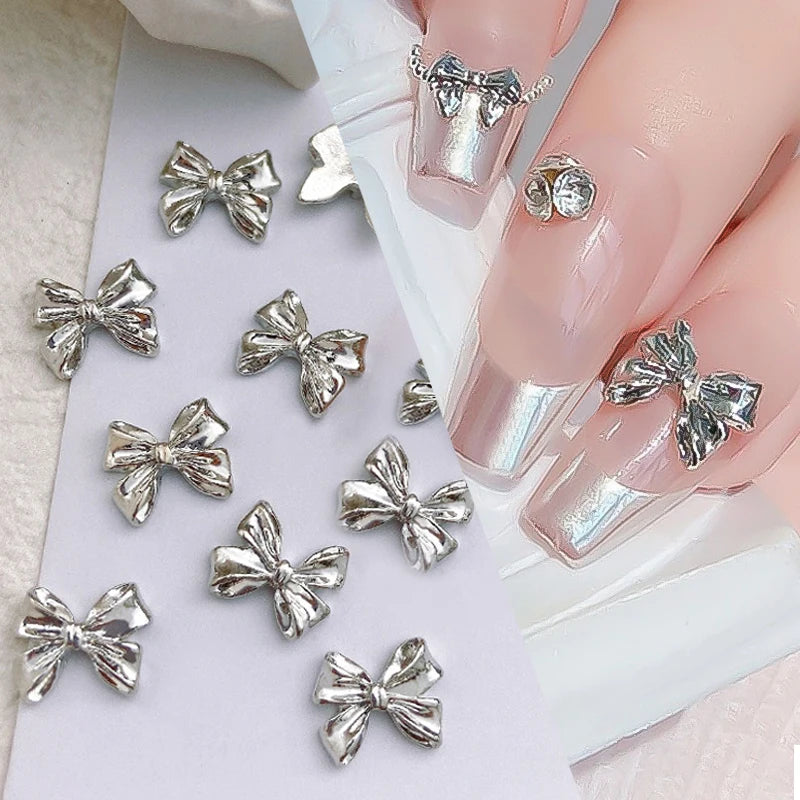 10pcs 3D Silver Gold Butterfly Jewelry Nail Art Studs Fashion Women Nail Charms Bowknot Heart Nail Rhinestones Manicure Decorate