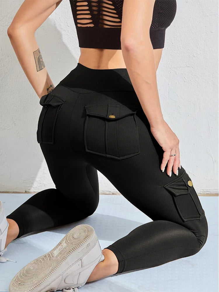 2024 Cargo Wind Fitness Pants Women With Pocket Sports Leggings Stretch High Waist Peach Hip Yoga Pants Long Pants To Wear