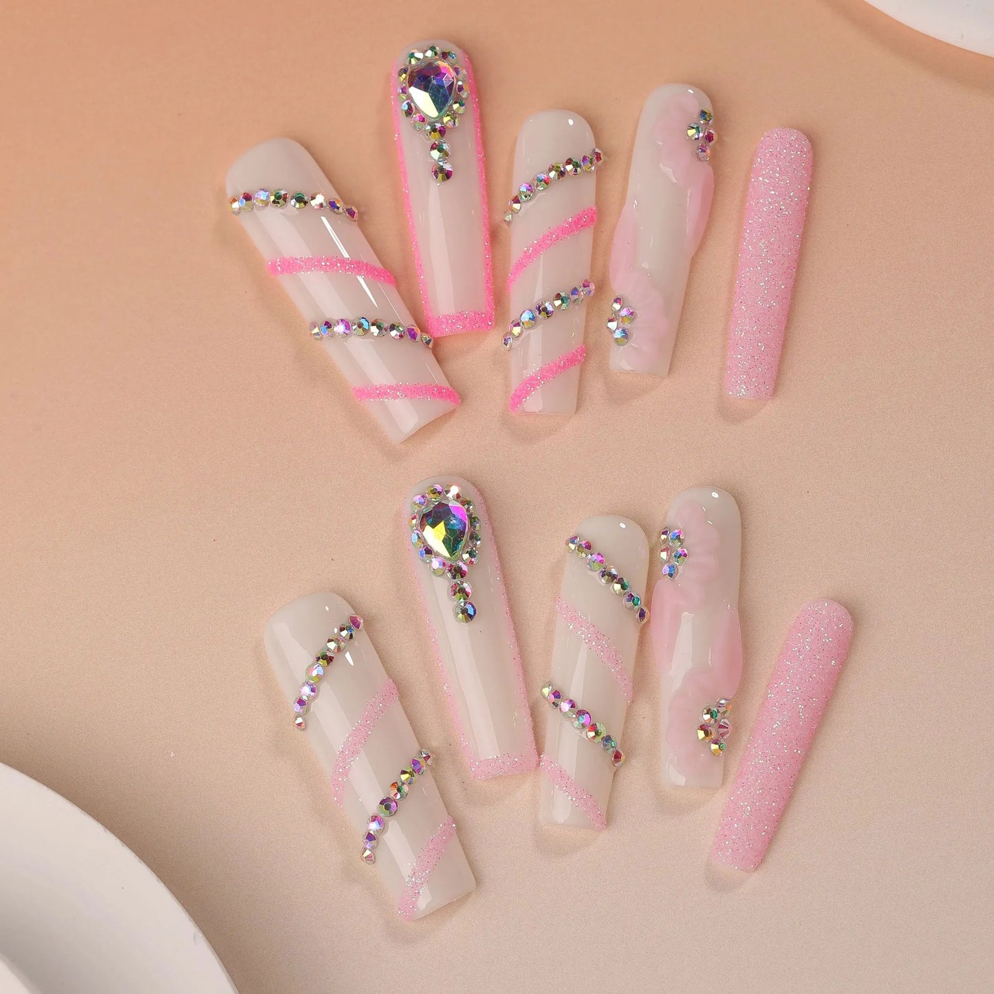 10Pcs Neon Pink False Nails 3D Flower Super Long Coffin Blending Press on Nails Rhinestone Wearable Fake Nails Finger Nail