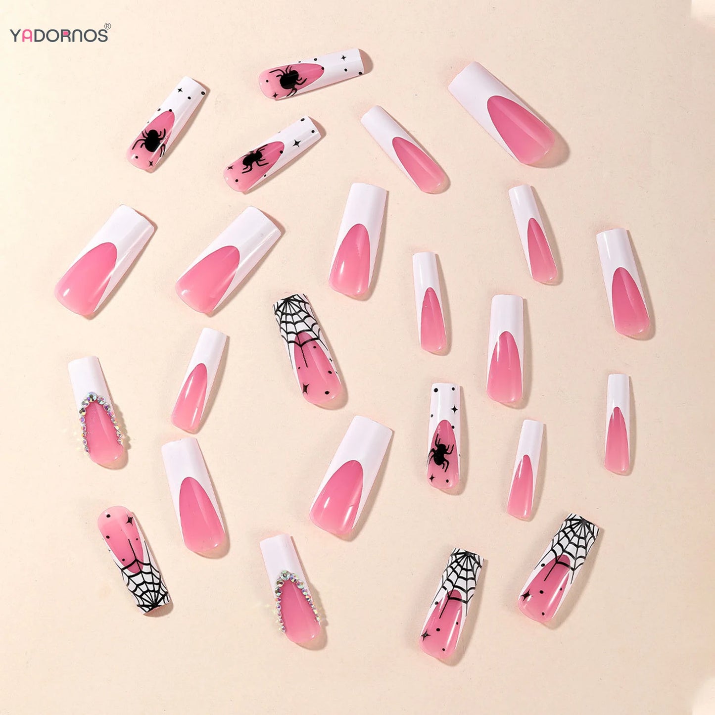 Long Coffin False Nails Tips White French Style Press on Nails Black Spider Web Pink Charms Fake Nails for Women Halloween Party