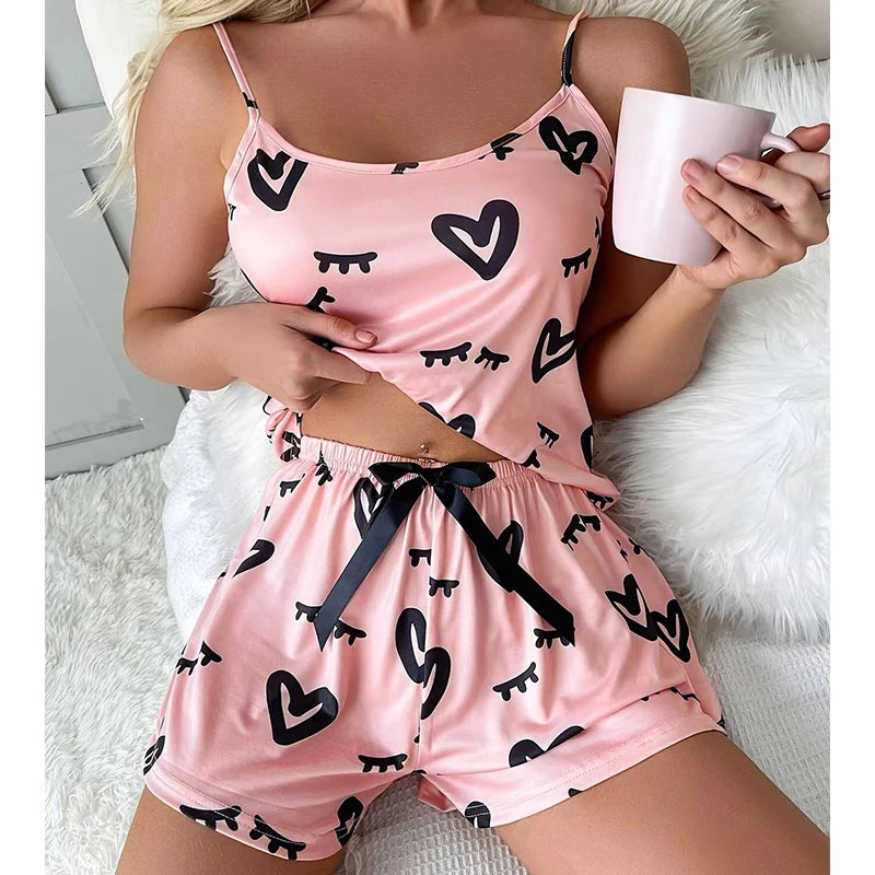 2 PCS Women Pajamas Sleepwear Pajama Set Short-Sleeved Shorts Suit M L Pink Love Print Ventilate Casual Homewear Summer