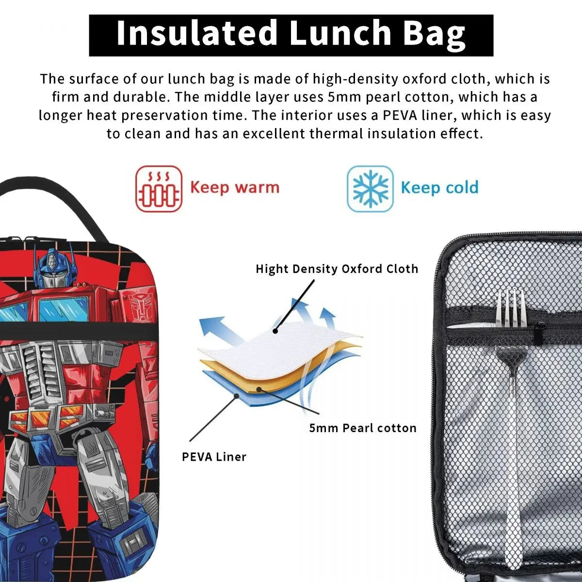 Transformers Autobots Lunch Bags Insulated Bento Box Portable Lunch Tote Leakproof Picnic Bags Cooler Thermal Bag for Woman