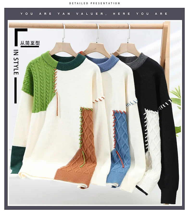 2023 New Patchwork Sweater Trend High Street Fashion Autumn and Winter Warm Men's Top Hip-hop Street Clothing