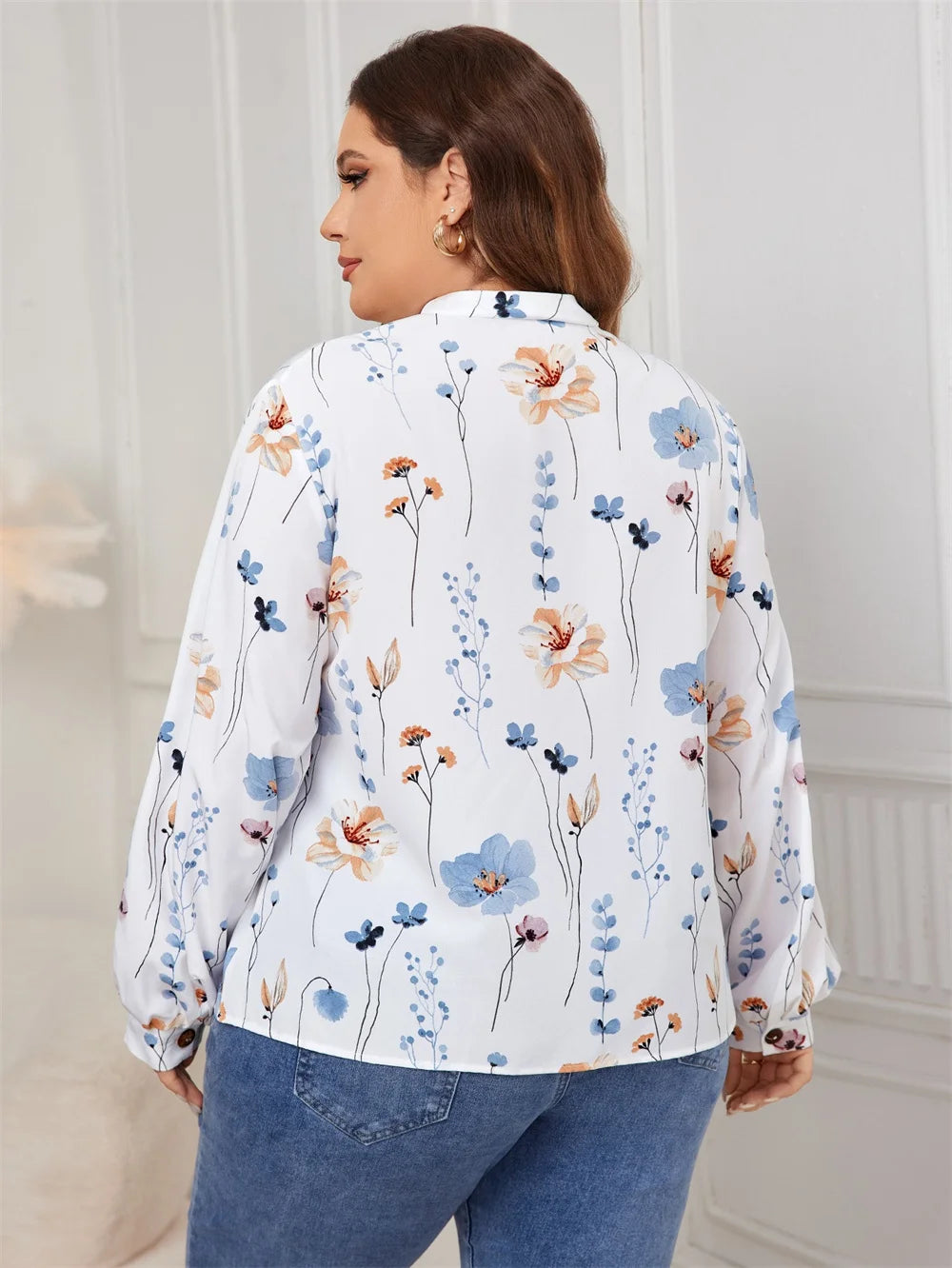 GIBSIE Plus Size Stand Collar Button Blouse Women Fashion Autumn Floral Print Casual Long-sleeved Shirt Tops Female