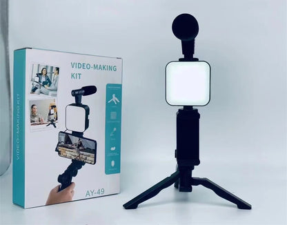 AY49 Smartphone Vlogging Kit With Tripod Phone Holder Mini Microphone LED Fill Light Starter For TikTok Live Stream Video YouTub