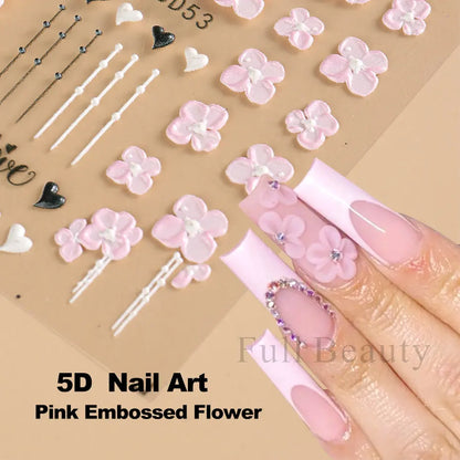 5D Pink Embossed Flowers Nail Sticker White Acrylic Lace Butterfly Adhesive Sliders Elegant Nail Art Decorations LASTZ-5D53