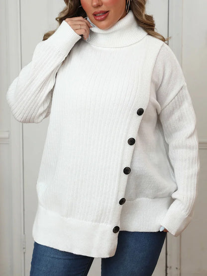 GIBSIE Plus Size Women's Turtleneck Sweater Autumn Winter Drop Shoulder Button Casual Warm Pullover Female White Knitted Jumper