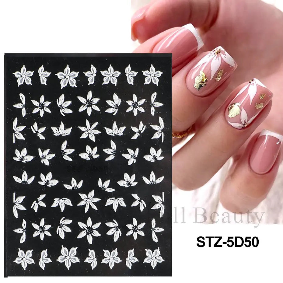 5D Pink Embossed Flowers Nail Sticker White Acrylic Lace Butterfly Adhesive Sliders Elegant Nail Art Decorations LASTZ-5D53