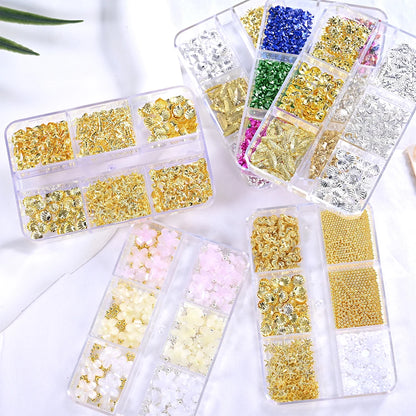 6Grids Gold Nail Art Alloy Studs Seaside 3D Decoration Sea Shell Star Pearl Charm Metal Frame Rivets Nail Rhinestone Accessories