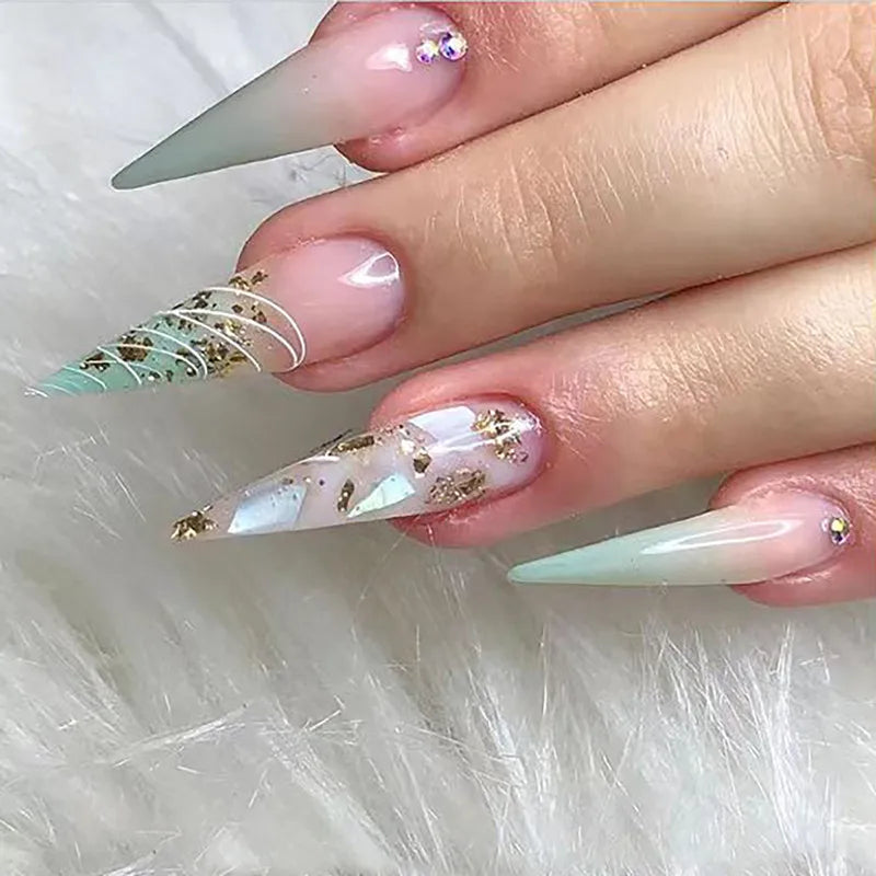 24Pcs False Nails with Glue Almond Pink Butterfly Design Detachable Rhinestones Acrylic Fake Nails Long Stiletto Press on Nails