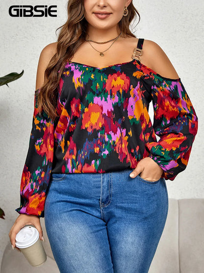 GIBSIE Plus Size Cold Shoulder V Neck Long Sleeve Print Blouses Women Fashion 2023 Spring Fall Sweet Casual Blouse Top Shirt