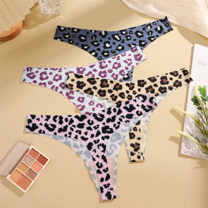 FINETOO 4Pcs Ultra Soft Underwear For Women Sexy Graphic Print Seamless Thongs Female Stretch Leopard G Strings Comfort Lingerie