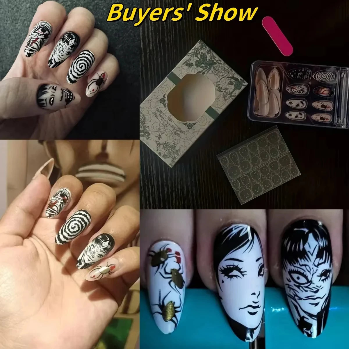 24Pcs Horror Comic Halloween False Nail Tomie Press on Nails Almond Glossy Black Japanese Anime Nails Reusable Tips for Girls