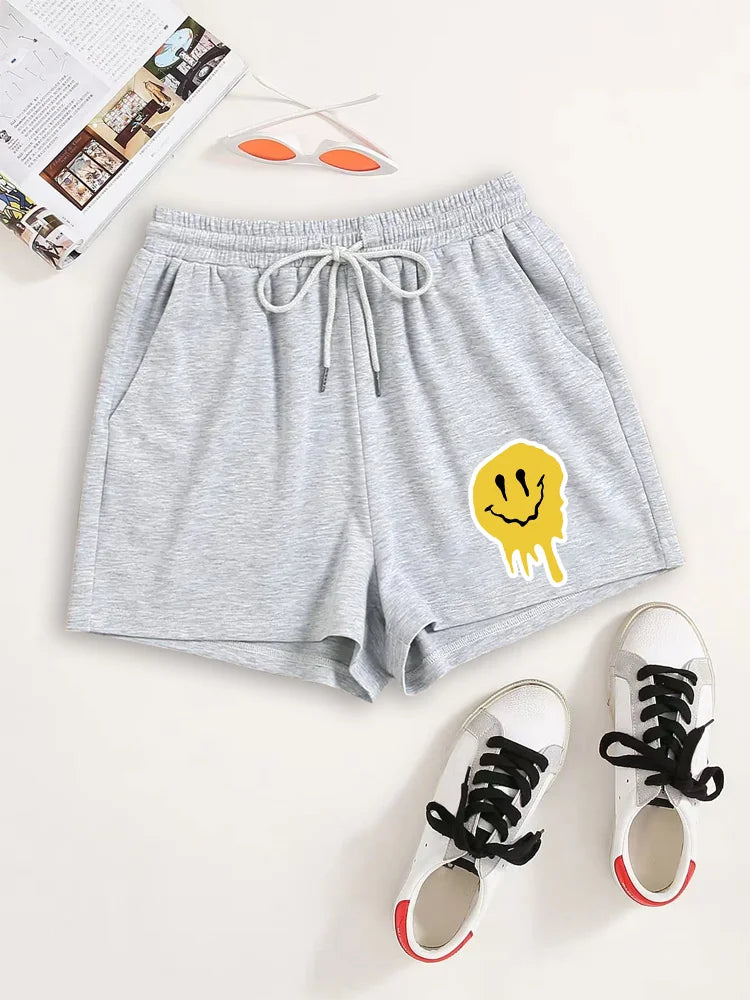 Smiling face printed hot pants, fitness yoga drawstring waist casual shorts, summer and spring, women's clothing