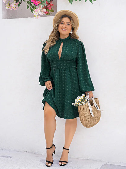 GIBSIE Plus Size Swiss Dot Cutout Mock Neck Dress Women 2024 Spring Summer Boho Long Sleeve Elastic Waist Short A-Line Dresses