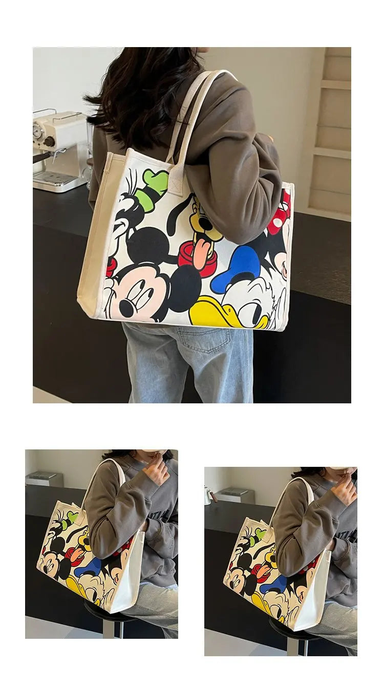 Disney Mickey Cartoon Cute Canvas Shoulder Bag Large Capacity Tote Bag Women's Fashion Mummy Bag Leisure Travel