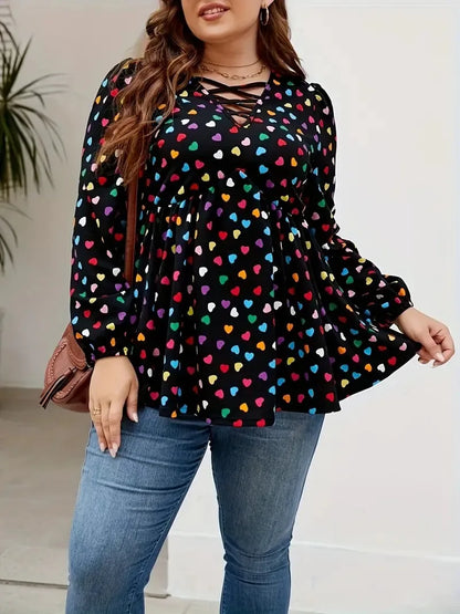 GIBSIE Plus Size Heart Print V Neck Peplum Blouse Women Spring Fall Sweet Casual Long Sleeve Female Ruffle Hem Blouses Tops 2024