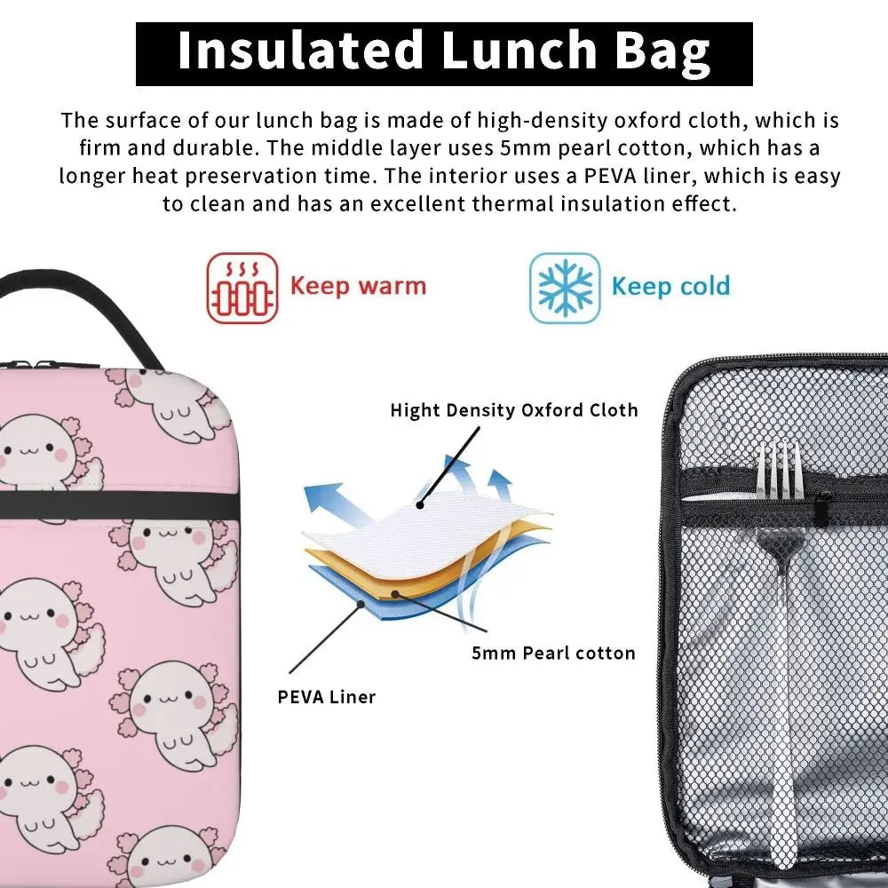 Axolotl In Pocket Insulated Lunch Bags for Women Amphibian Exotic Animal Resuable Thermal Cooler Bento Box Kids School Children