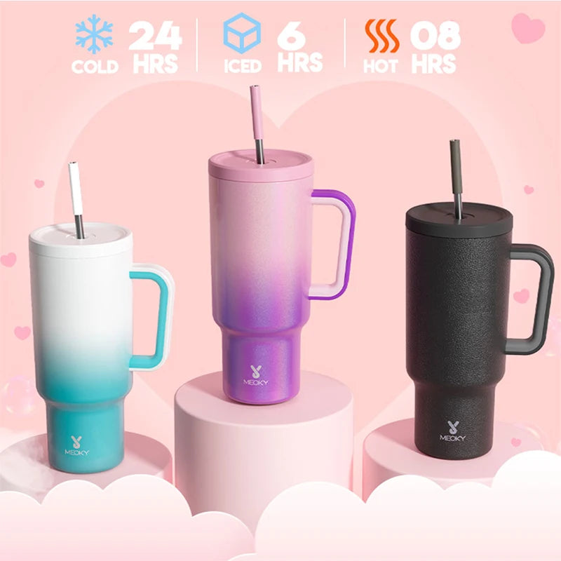 Meoky 40oz Vacuum Cup Stainless Steel Multi-style Tumbler with Straw Lids Leakproof Car Mug Water Bottle Juice Milk Tea Cup Gift