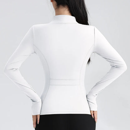 Gym Women's Full Zip Yoga Top With Thumbholes Fitness Running Jacket Stretch Fit Long Sleeve Round Neck Top Sportswear