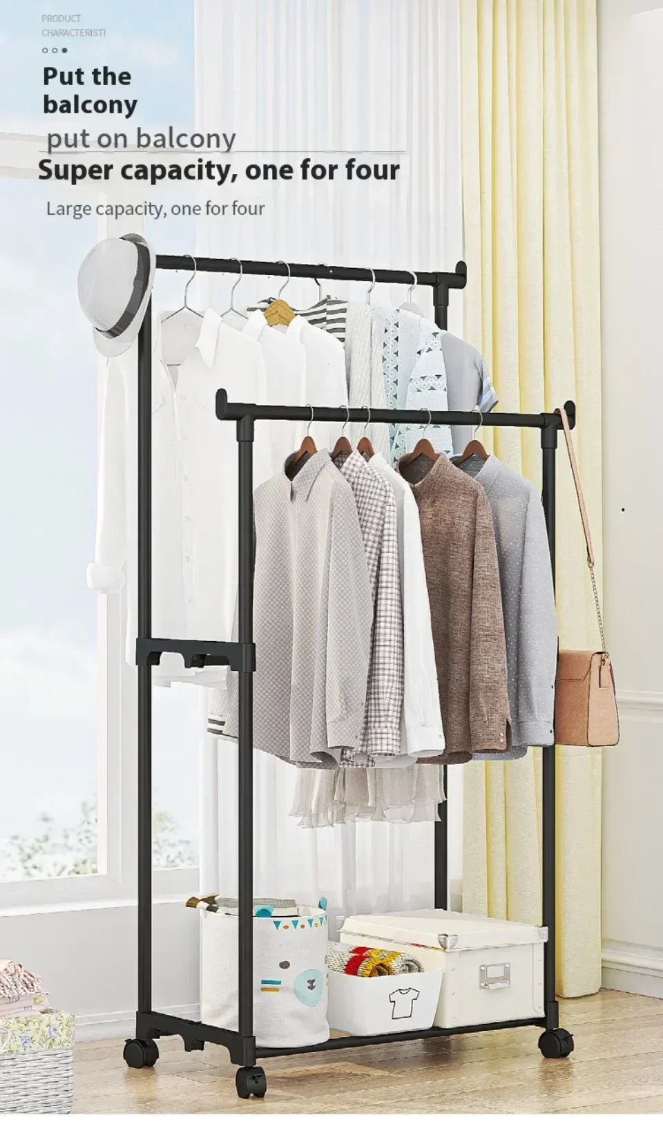 Coat Rack Movable Double Clothes Shelf Simple Rod Clothes  Floor-Standing Bedroom Telescopic Floor Hangers Storage Coat Rack