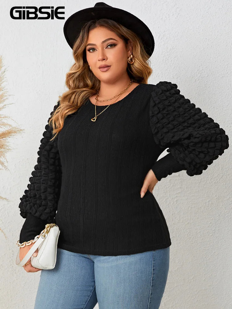 GIBSIE Plus Size Long Sleeve O-Neck Blouses for Women Fashion 2023 Spring Fall New Black Elegant Office Ladies Tops Blouse