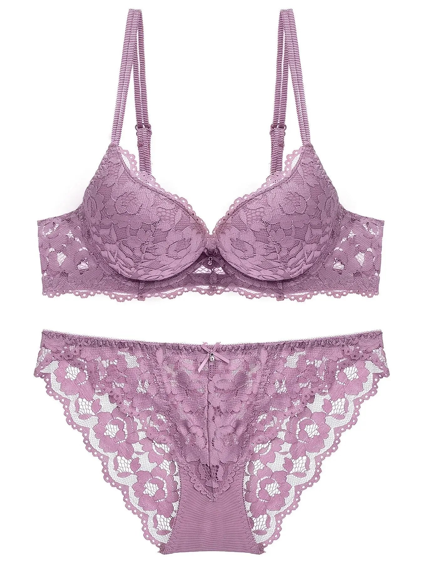 1 Set Elegant Lace Embroidery & Breathable Fabric Lingerie Set: Push-Up Bra, Drop Waist Sheer Panty - Ultimate Valentine's Day