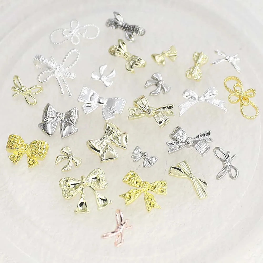 20Pcs Alloy Bow Nail Art Charms 3D Gold Silver Glitter Metal Ribbon Bowknot Nails Decoration DIY Rhinestone Manicure Accessories