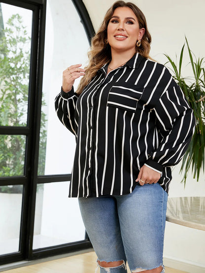 GIBSIE Plus Size Women Shirt 2023 Striped Long Sleeve Button Up Blouse Big Size Women Spring Fall Casual Korean Shirt Tops