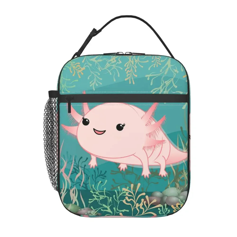 Axolotl In Pocket Insulated Lunch Bags for Women Amphibian Exotic Animal Resuable Thermal Cooler Bento Box Kids School Children