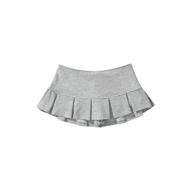 2024 Terry Fabric Y2K Mini Skirt Women Low Waist Wide Pleat Light Grey Sexy Vintage A-line Pleated Skirt Casual Skort Summer